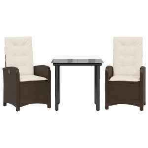 vidaXL 3 Piece Patio Dining Set with Cushions - Adjustable Reclining Chairs, Tempered Glass Top Table - Brown Poly Rattan - 1 of 4