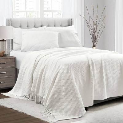 Full Queen Waffle Cotton Knit Throw Blanket White - Lush Décor