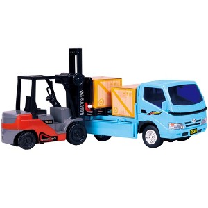 JuzToys Pull-Back Forklift and Truck Toy Set – Includes Pallet and 2 Cargo Boxes, Interactive Toys for Kids – Blue/Red - 1 of 2