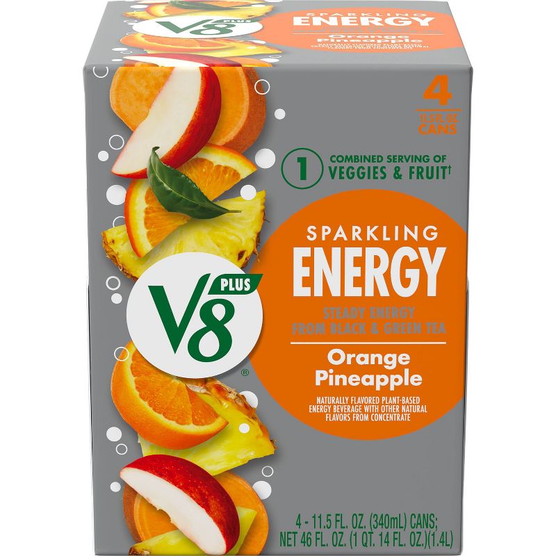 V8 Sparkling +Energy Orange Pineapple Juice Drink - 4pk/11.5 fl oz Cans, 1 of 14