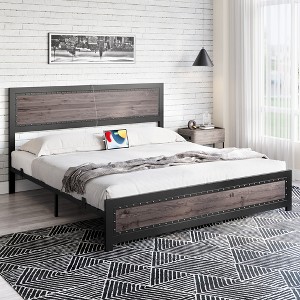 Industrial Design Platform Bed Frame with Headboard: Metal Slat Support & Built-in Charging Station – No Spring Box Required, Easy Assembly - 1 of 4