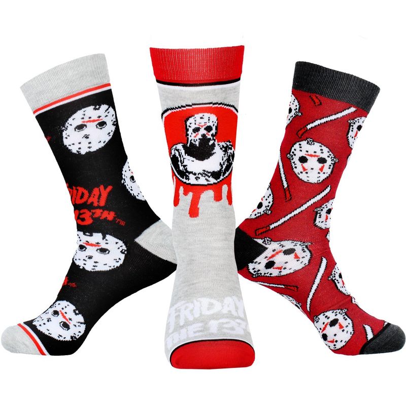 Friday The 13th Jason Voorhees Socks Horror Slasher Film Men's 3 Pack Crew Socks Multicoloured, 1 of 6