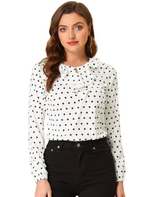 Allegra K Women's 1950s Vintage Ruffle Neck Long Sleeve Dots Chiffon Blouse