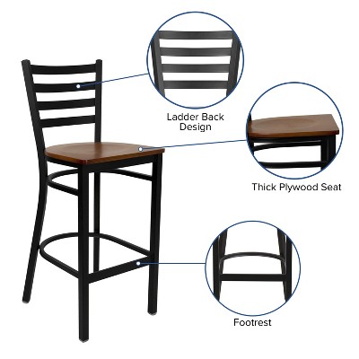Elegant Ladder Back Black Metal Barstool with Cherry Wood Seat