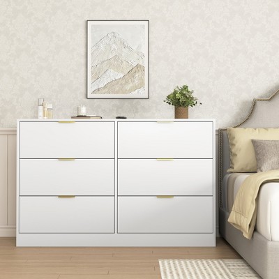 SKRAN Modern Large 6 Drawer Dresser, Chest of Drawer With Gold Handle, Bedroom Storage Drawer Organizer For Living Room, Entryway And TV Stand, Black