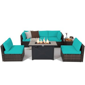 Tangkula 7PCS Patio Rattan Furniture Set Fire Pit Table Cover Cushion - 1 of 4