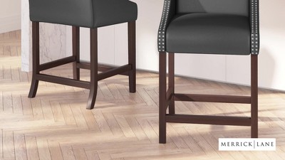Walnut Wood Counter Height Stool with Dark Gray Fabric and Nailhead Trim - Set of 2