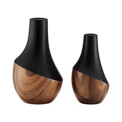Milo Kalbas 2 Piece Gourd Modern Two Tone Tabletop Vase Set - Black and Walnut