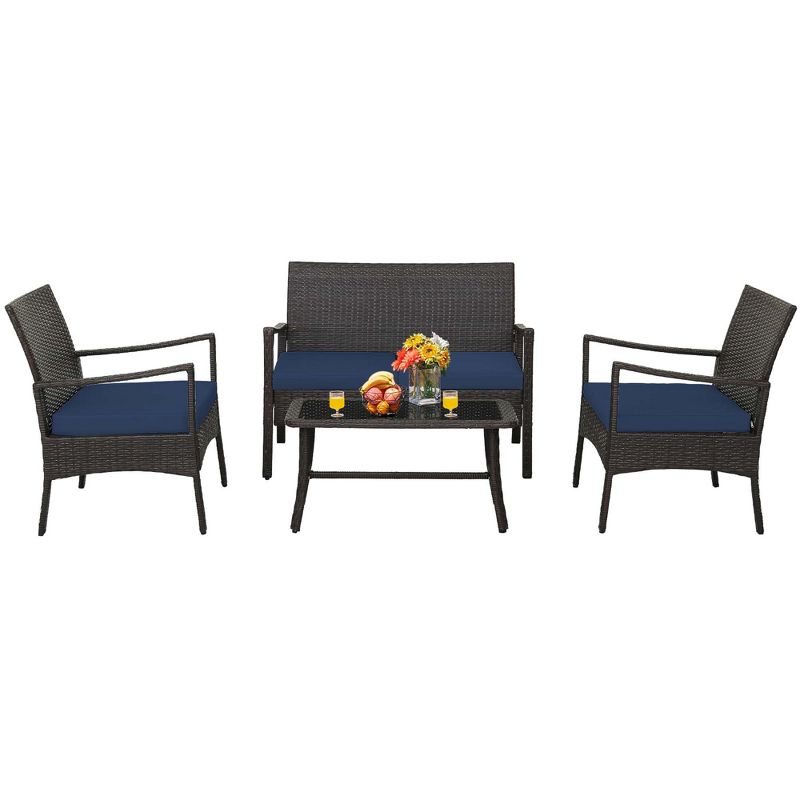 Costway 4PCS Patio Rattan Wicker Furniture Set Cushioned Sofa Armrest Coffee Table Navy, 1 of 10