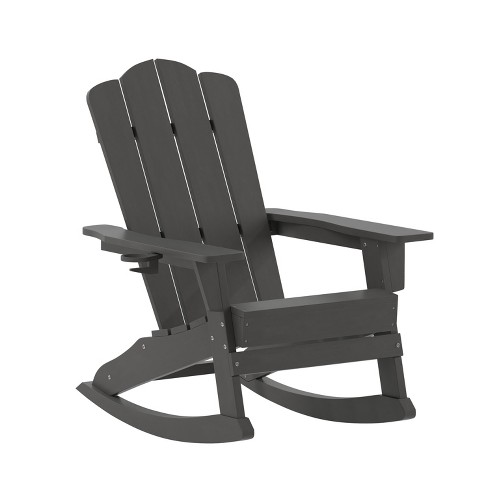 Flash Furniture Newport Adirondack Rocking Chair with Cup Holder Weather Resistant HDPE Adirondack Rocking Chair in Gray