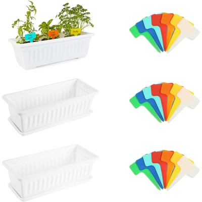 Farmlyn Creek 3 White 17" Plastic Window Herb Planter Boxes, 3 Trays, 21 Colorful Plant Label Tags