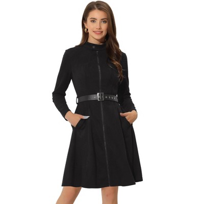 Allegra K Women's Faux Suede Stand Collar Zip-Up Belted Vintage Dresses  Black Small