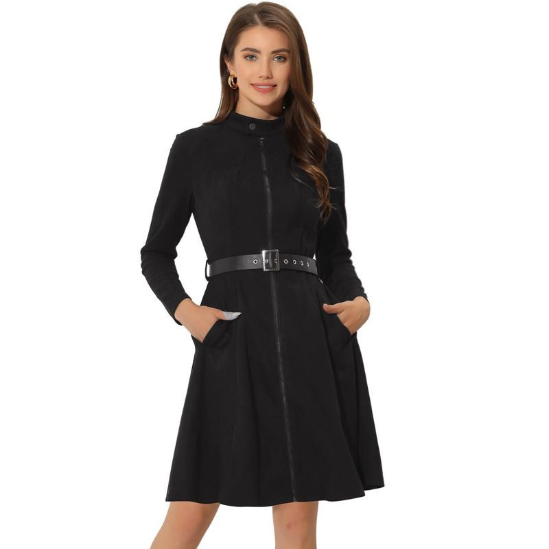 Allegra K Women's Faux Suede Stand Collar Zip-Up Belted Vintage Dresses, 1 of 7