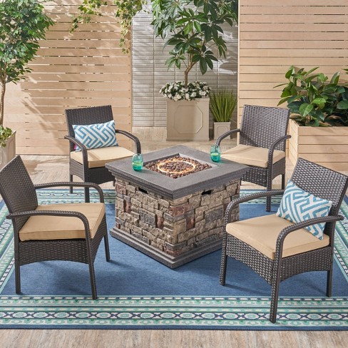 Christopher Knight Home 5pc Cordoba Wrought Iron Outdoor Patio Fire Pit Furniture Set with Club Chairs Brown