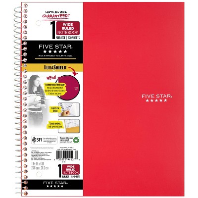 Spiral Notebook 1 Subject Wide Ruled Anti-Microbial Red - Five Star