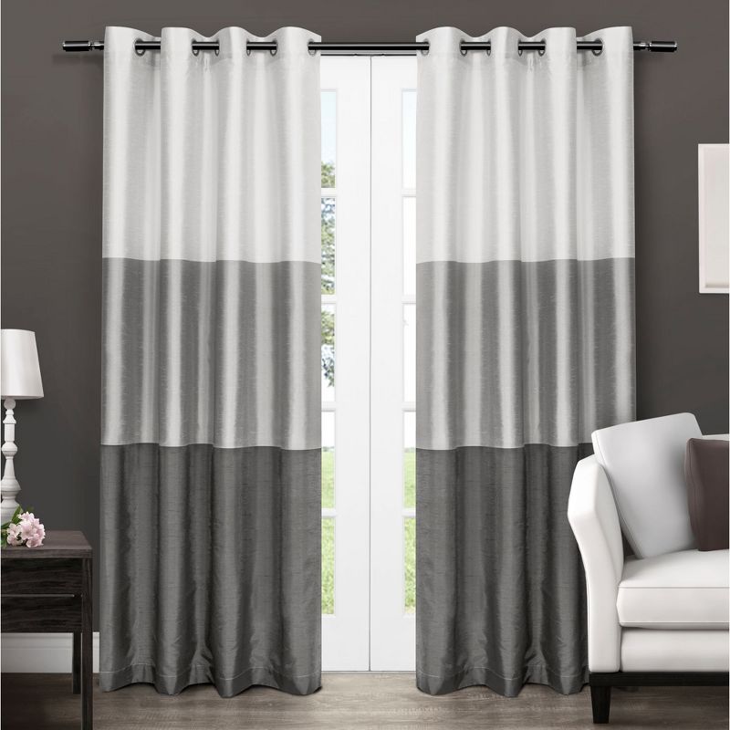 Exclusive Home Chateau Striped Faux Silk Grommet Top Curtain Panel Pair, 54"x96", Black Pearl, 1 of 4