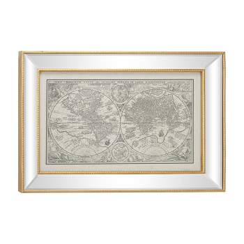28.5" x 19.5" Large Vintage Style Petrus Plancius World Map Illustration Textile in Rectangular Mirror and Gold Frame - Olivia & May