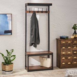 Kumasinova Mango Wooden Coat Rack with Bench Storage,Industrial Hall Tree with 5 Double Hooks,75.5" Clothes Rack for Entryway&Hallway - 1 of 4