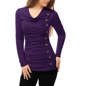 Allegra K Women's Cowl Neck Long Sleeves Buttons Decor Solid Ruched Top - 1 of 4