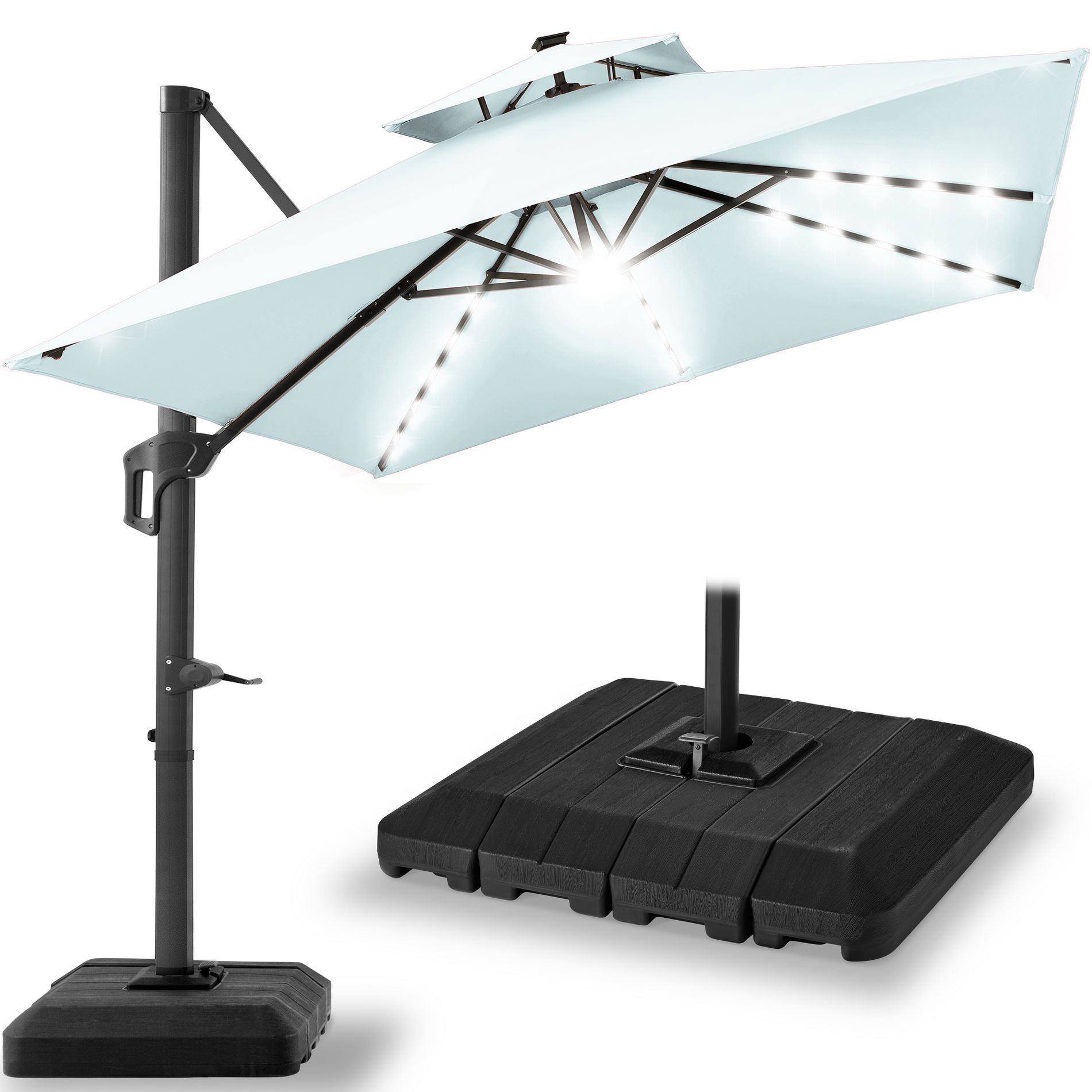 Best Choice Products 2-Tier Square Solar LED Cantilever Patio Umbrella – 10x10ft, 9x12ft, or 12x12ft w/ Base Included & 360° Rotation
