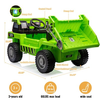Remote-controlled children's ride-on tipper truck, dual-speed motor, tilting cargo box, toy bucket, outdoor construction fun, suitable for children.