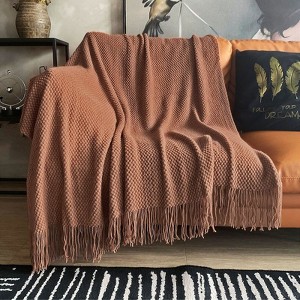 Aoibox Knitted Throw Blanket with Tassels, Bubble Textured Lightweight Blanket for Couch, Sofa, and Home Decor in Caramel - 1 of 4