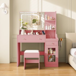 HYLEORY Vanity Desk with Mirror, Power Outlet, Hair Dryer Bracket, Makeup Table with 2 Drawers,3 Color Modes Available for Bedroom,Pink - 1 of 4