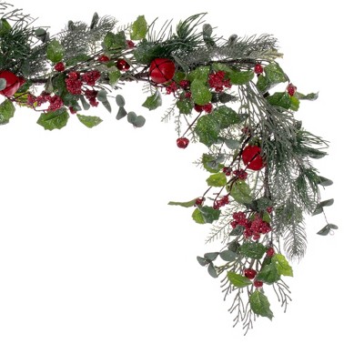 5' Green and Red Artificial Pine Garland with Snow and Bells