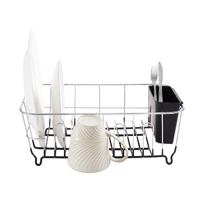 Compact Black and Chrome Dish Drying Rack with Utensil Cup