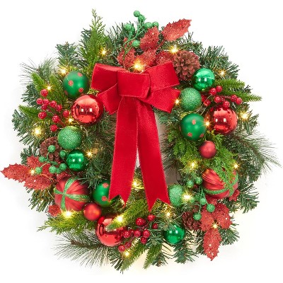 Christmas Wreath for Front Door, 22 Inch Christmas Wreath, Lighted Xmas Wreath with Red Green Ball Ornaments Velvet Bow and 30 LED Lights