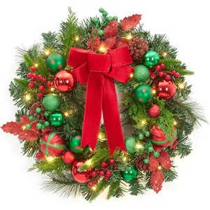 Christmas Wreath for Front Door, 22 Inch Christmas Wreath, Lighted Xmas Wreath with Red Green Ball Ornaments Velvet Bow and 30 LED Lights - 1 of 4