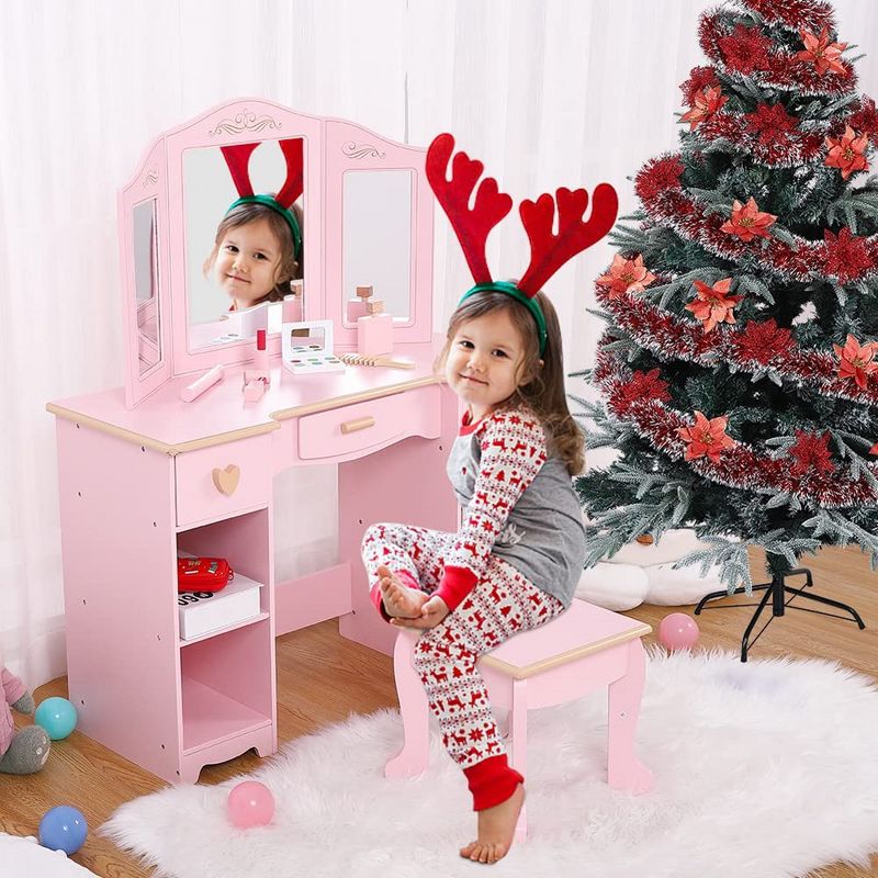 Kids Vanity Set with Mirror and Stool, Wooden Girls Makeup Playset, Princess Vanity Table for Kids, Toddlers, Pink, 5 of 7