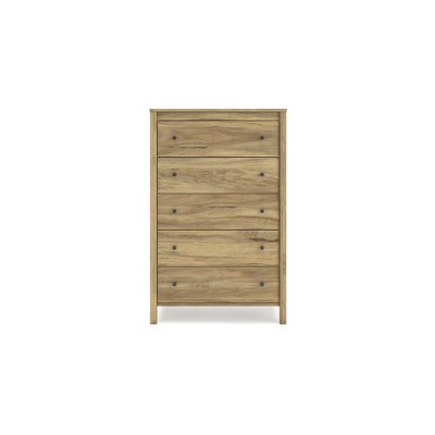 Light Brown 5-Drawer Tall Dresser with Dark Bronze Knobs