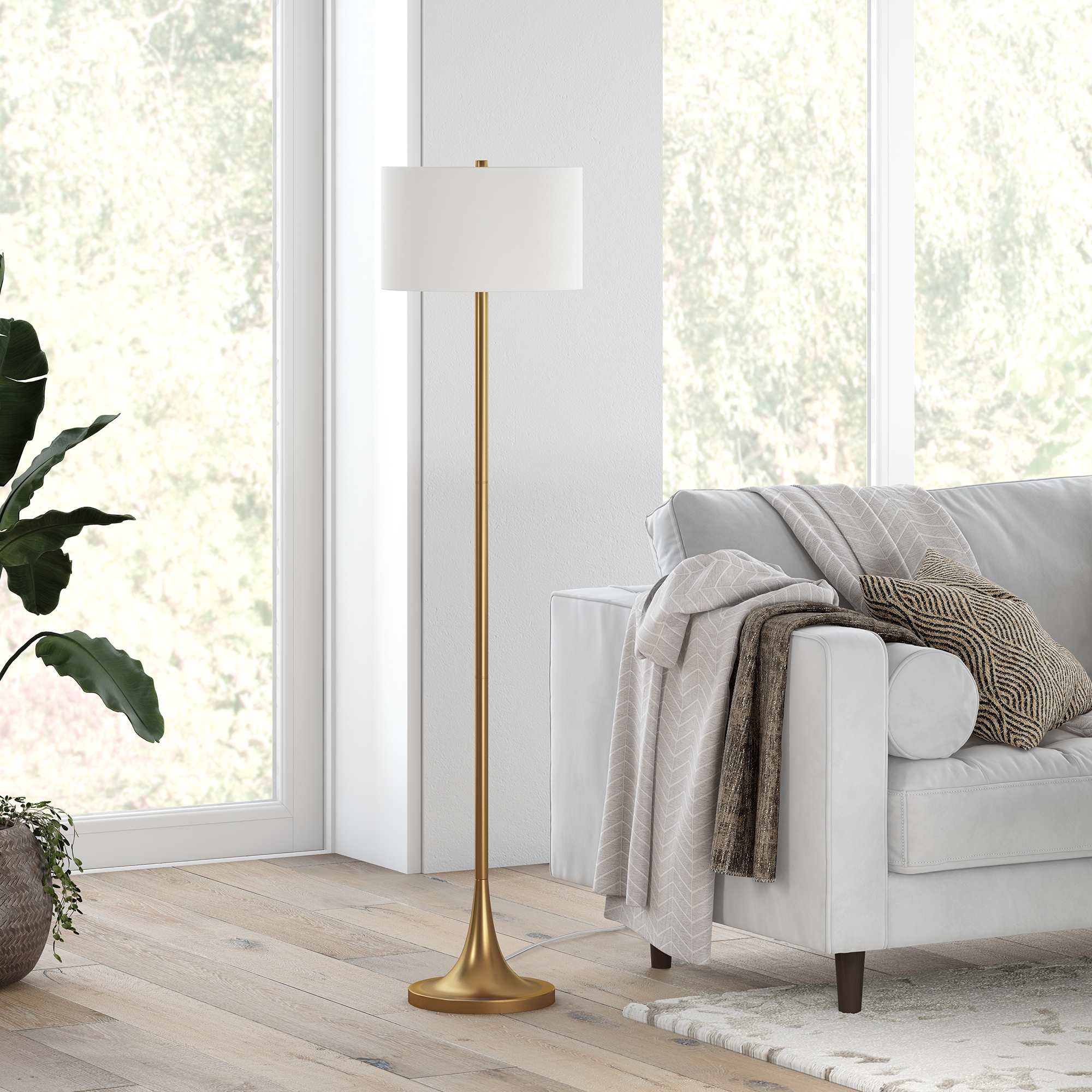 Hudson and Canal 62" Tall Floor Lamp with Drum Fabric Shade Brass/White: Modern Design, UL Listed, Metal Body