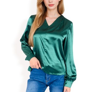 Anna-Kaci Women's Satin V-Neck Blouse with Long Sleeves - 1 of 4