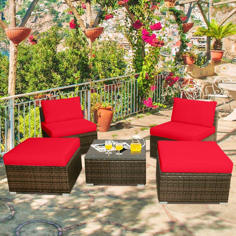 Tangkula 5-Piece Outdoor Rattan Wicker Sofa Set Lounge Chair with Red Cushions, 1 of 10