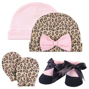 Hudson Baby Infant Girl Caps, Scratch Mitten and Sock Set 4pc, Leopard, 0-6 Months - 1 of 2