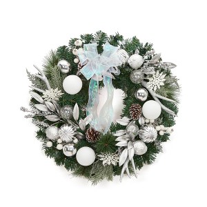 24"Pre-Lit Christmas Wreath with Led Lights,Christmas Hanging Decorations with Pine Cones, Silver White Balls, Bow for Front Door Fireplace Outdoor - 1 of 4