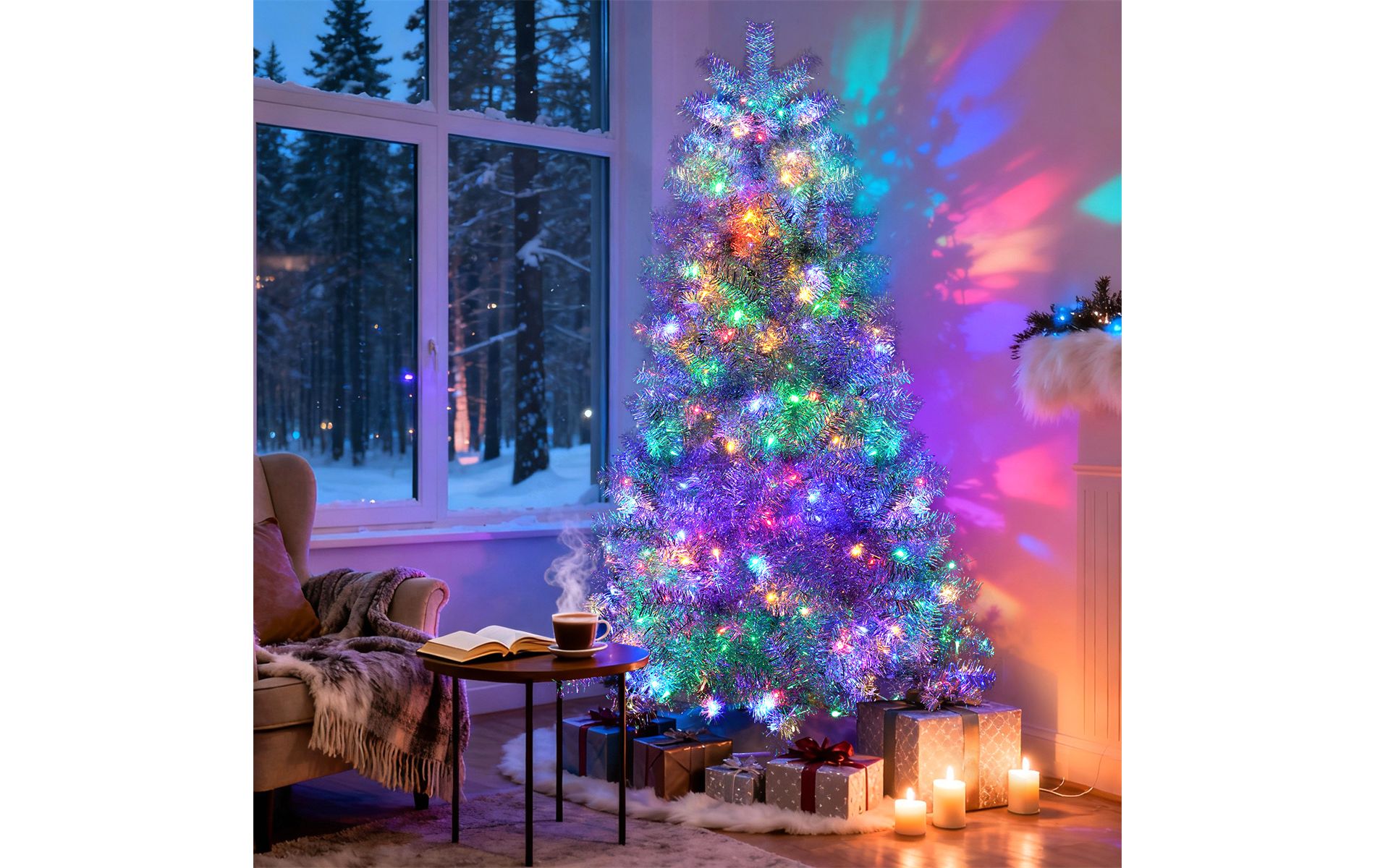 ELJGET 6ft Pre-Lit Artificial Christmas Tree with 300 Colorful Lights & Star Top, Metal Stand, Suitable for Home, Office, Party Decoration