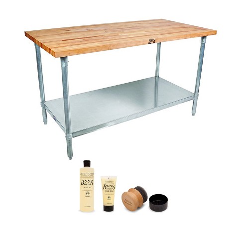 John Boos Maple Wood Top Work Table 48 x 24 x 1.5 with Adjustable Lower  Shelf and 3 Piece Wood Cutting Board Care and Maintenance Set