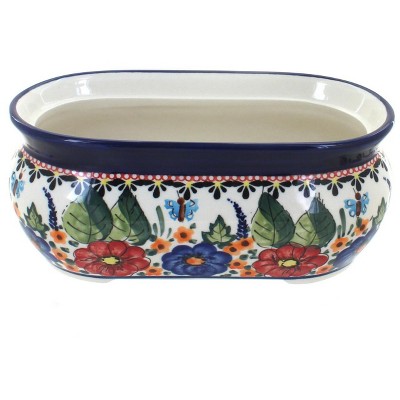 Blue Rose Polish Pottery Floral Butterfly Small Planter