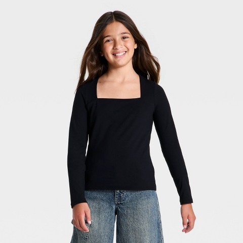 Топ Art Class Super-Soft Square Neck Long Sleeve Top для девочек, цвет: Чёрный