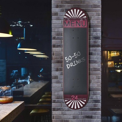 Red and Black Vertical Wood Skateboard Chalkboard Menu