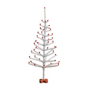 Nearly Natural 4' Artificial Retro Silver Tinsel Christmas Tree with 50 Red Mini Ornament Balls and Wooden Base - 1 of 4
