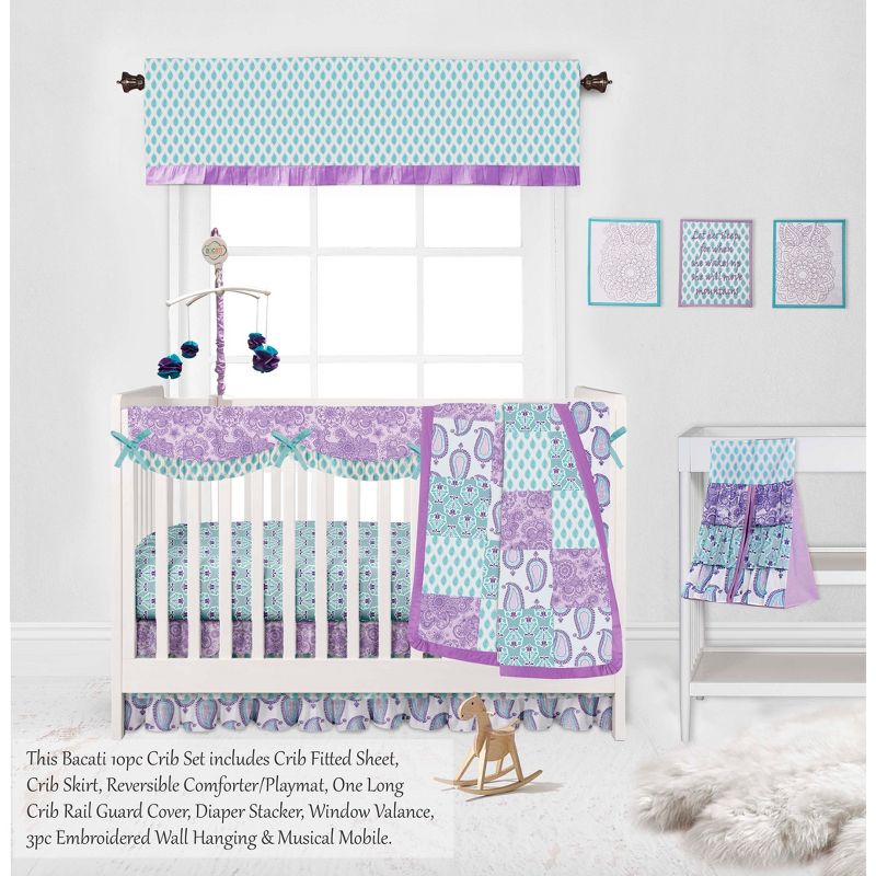 Bacati - Paisley Isabella Purple Lilac Aqua 10 pc Crib Bedding Set with Long Rail Guard Cover, 5 of 12