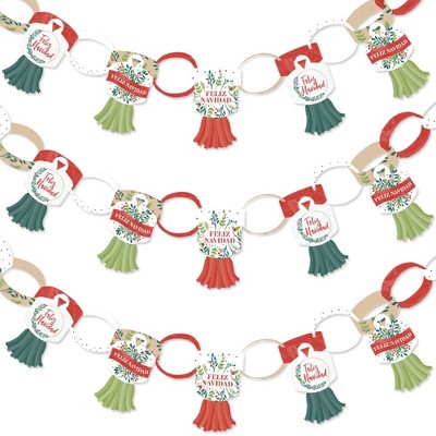 Big Dot of Happiness Feliz Navidad - 90 Chain Links & 30 Paper Tassels Decor Kit - Holiday and Spanish Christmas Party Paper Chains Garland - 21 feet