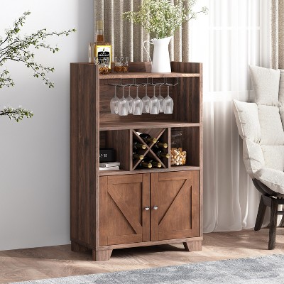 GDFStudio Newell Farmhouse Wooden 4 Bottle Wine Cabinet, Walnut/Dark Brown