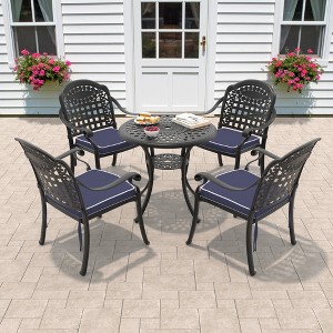 5-Piece Cast Aluminum Outdoor Dining Set: Round Table, Stackable Chairs & Blue Cushions - All-Weather Patio Furniture for Your Backyard - 1 of 4