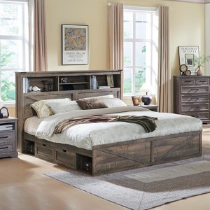 SinCiDo Farmhouse King Sized Wooden Bed Frame, with Charging Station and Led Lights, 52" High Headboard and 4 Large Drawers, Noise Free - 1 of 4