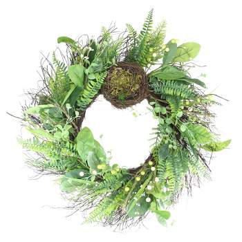 Northlight Green and Brown Foliage Artificial Spring Wreath with Nest - 24-Inch, Unlit